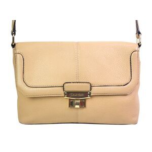 Calvin Klein BEIGE REAL LEATHER FLAP TURN LOCK X-BODY SHOULDER BAG HANDBAG PURSE